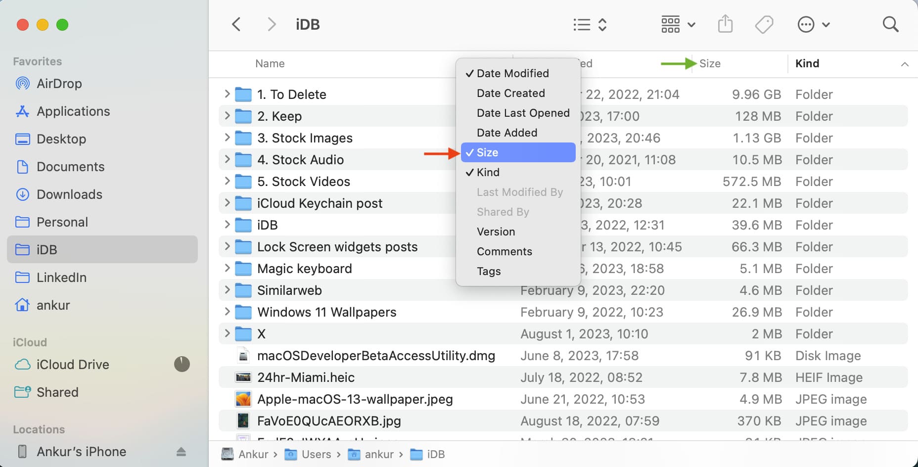 Show Size column in Finder on Mac